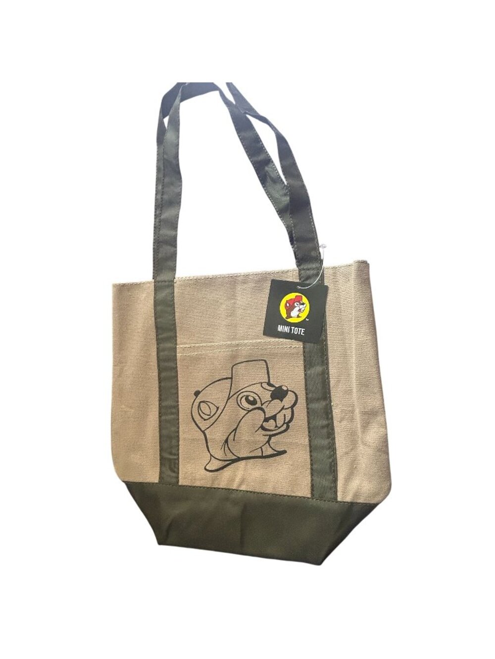 Buc-ees Mini Tote Bag Canvas Green Handles & Beaver Logo - NEW with Tags
